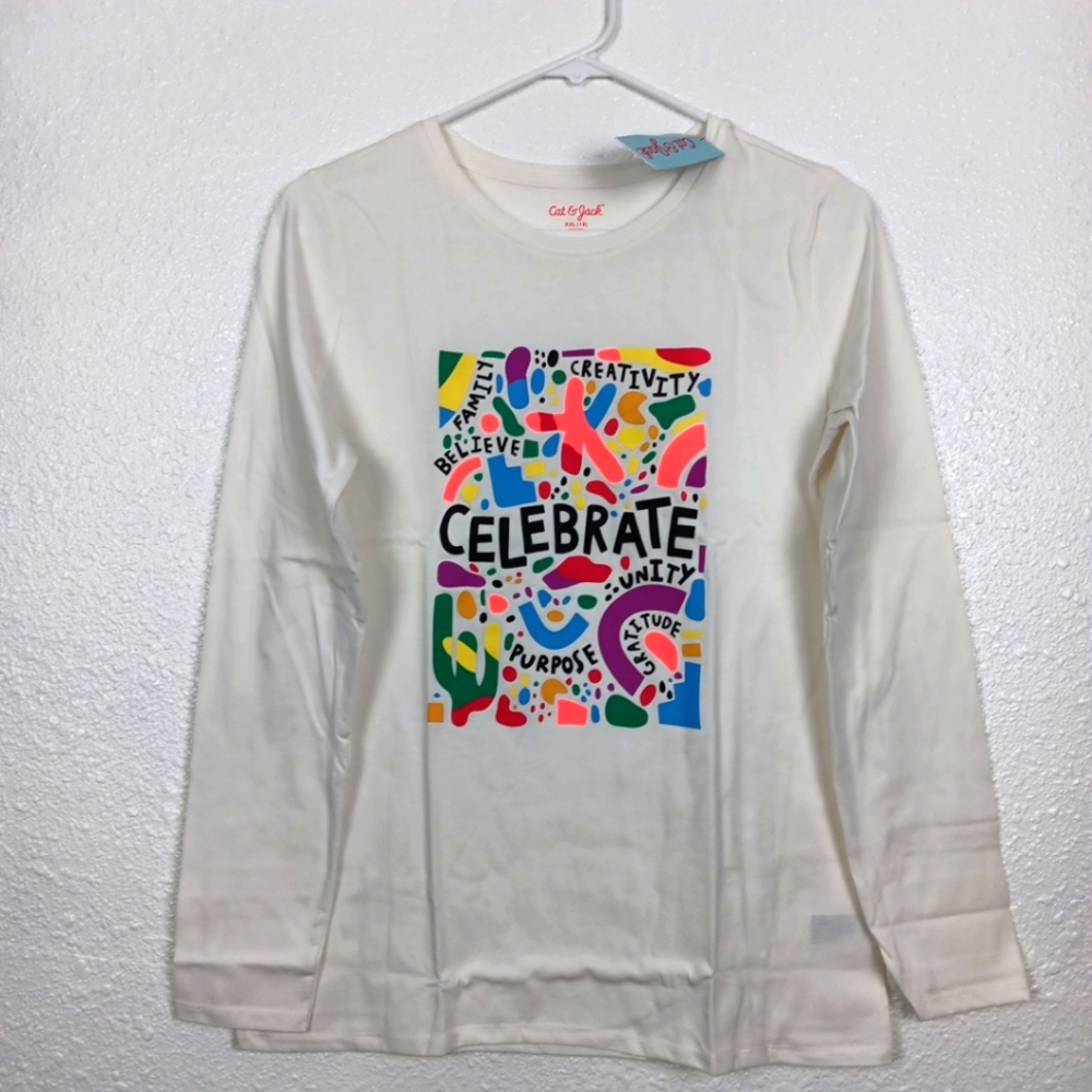 Cat & Jack T-shirt Girl's XXL (18) Cream Graphics Celebrate Family Unity L/S